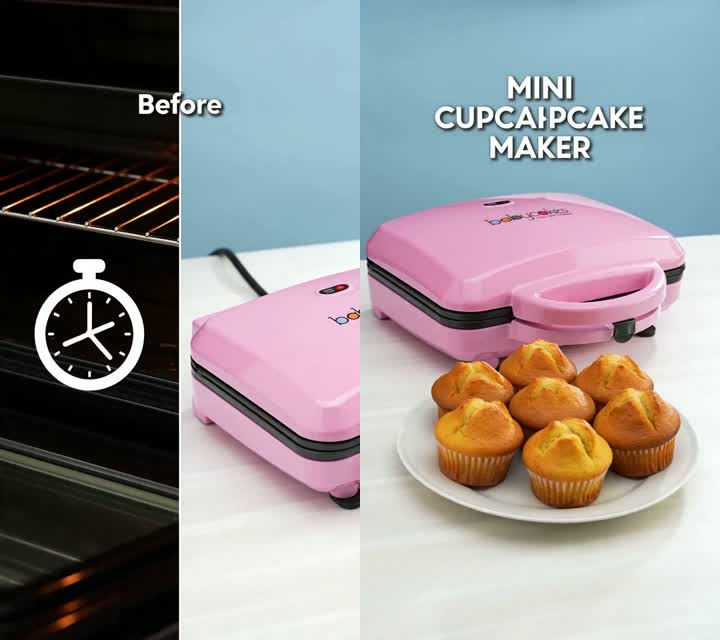 Before & after — a long oven wait vs. mini cupcakes in 3 minutes