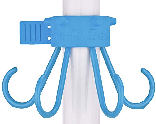 Wraps around the umbrella pole — four hooks for bags and towels