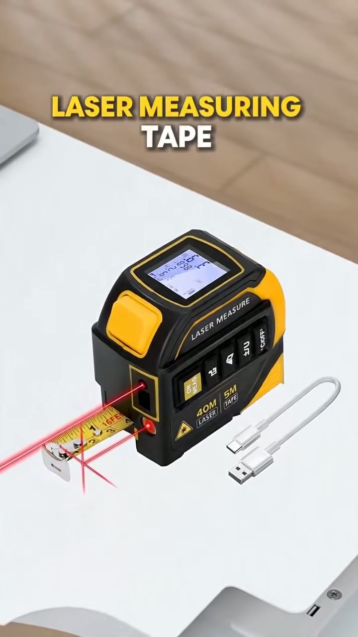 A 4-in-1 laser measure with a built-in tape and digital display