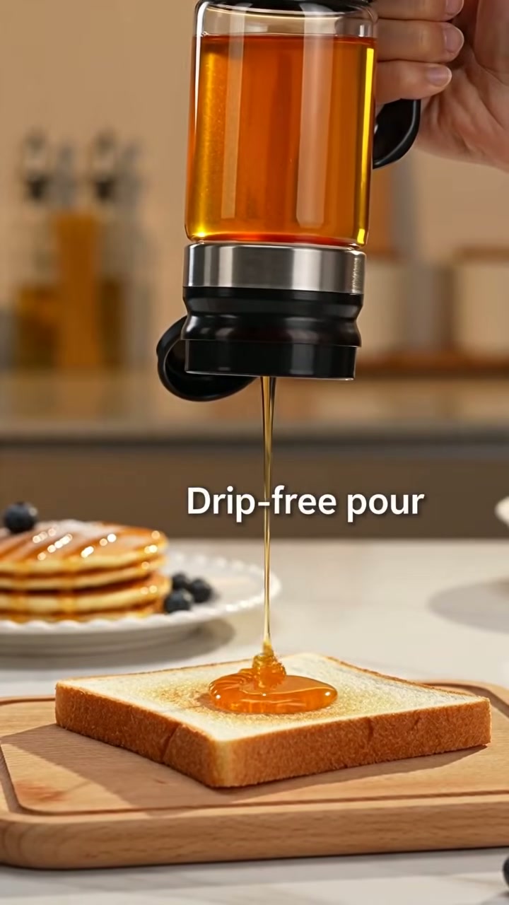 Press the valve for a clean, drip-free pour over toast or pancakes