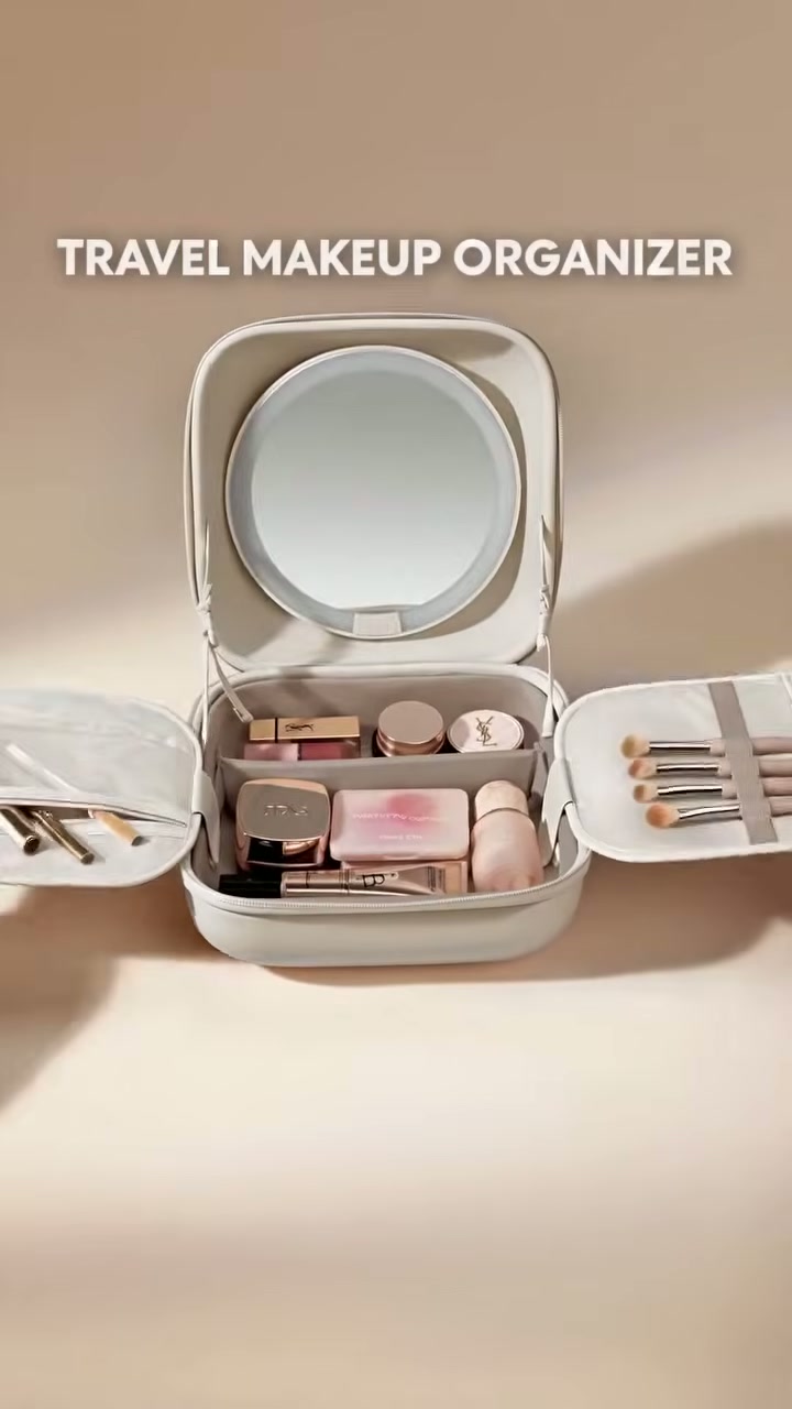 A hard-shell makeup case with a built-in LED mirror